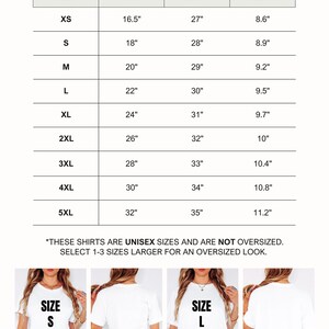 May include: Size chart for Bella + Canvas 3001 unisex jersey short sleeve t-shirts. The chart shows sizes XS through 5XL with corresponding width, length, and sleeve measurements in inches.