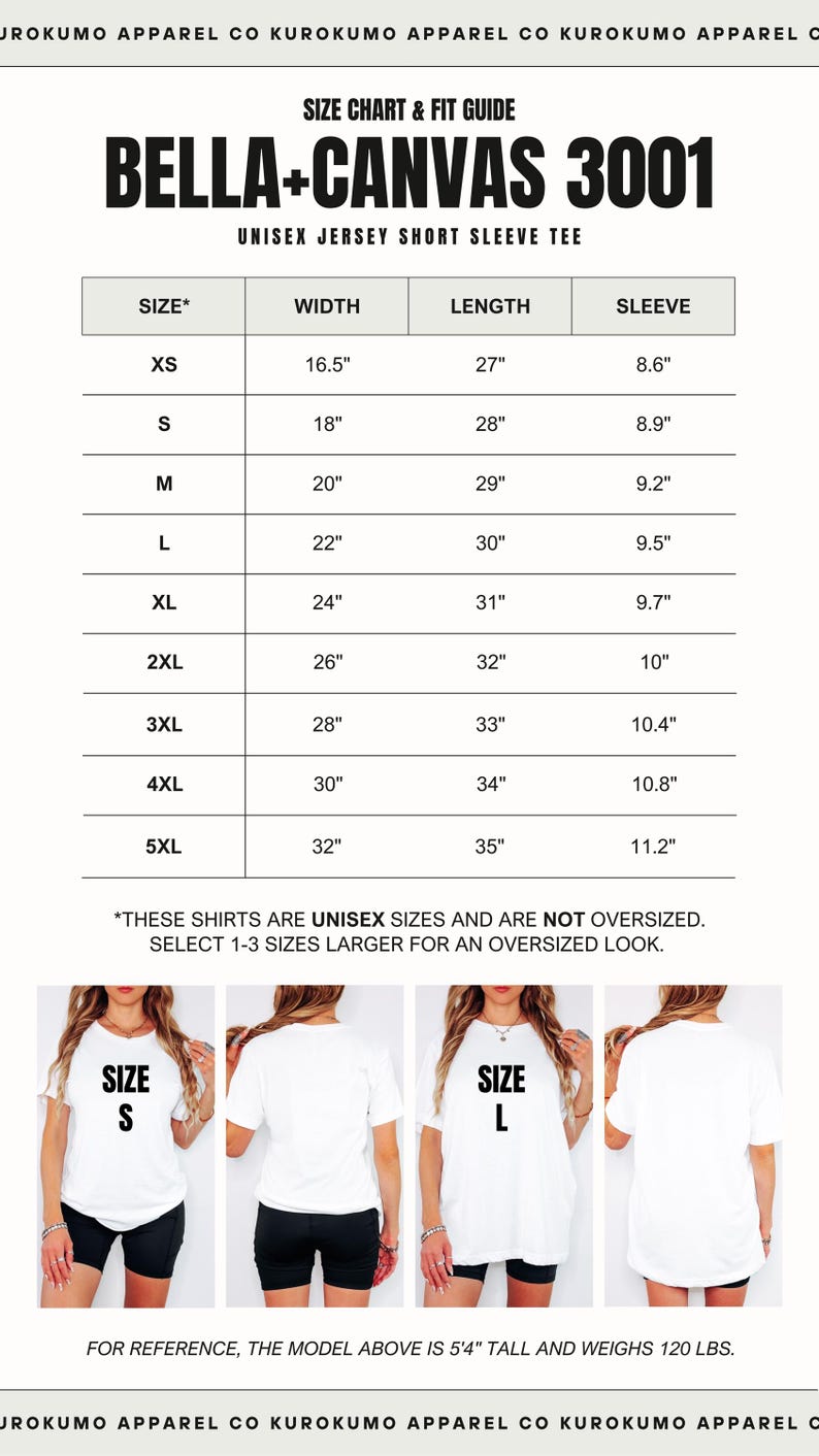 May include: Size chart for Bella + Canvas 3001 unisex jersey short sleeve t-shirts. The chart shows sizes XS through 5XL with corresponding width, length, and sleeve measurements in inches.