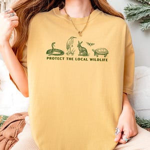 Protect the Local Wildlife Conservation Tshirt Forest Animals Shirt Granola Girl Camping Clothes Forestcore Graphic Tee Vintage Style Shirts Mustard