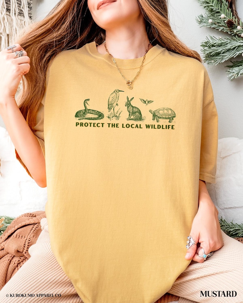 Protect the Local Wildlife Conservation Tshirt Forest Animals Shirt Granola Girl Camping Clothes Forestcore Graphic Tee Vintage Style Shirts Mustard