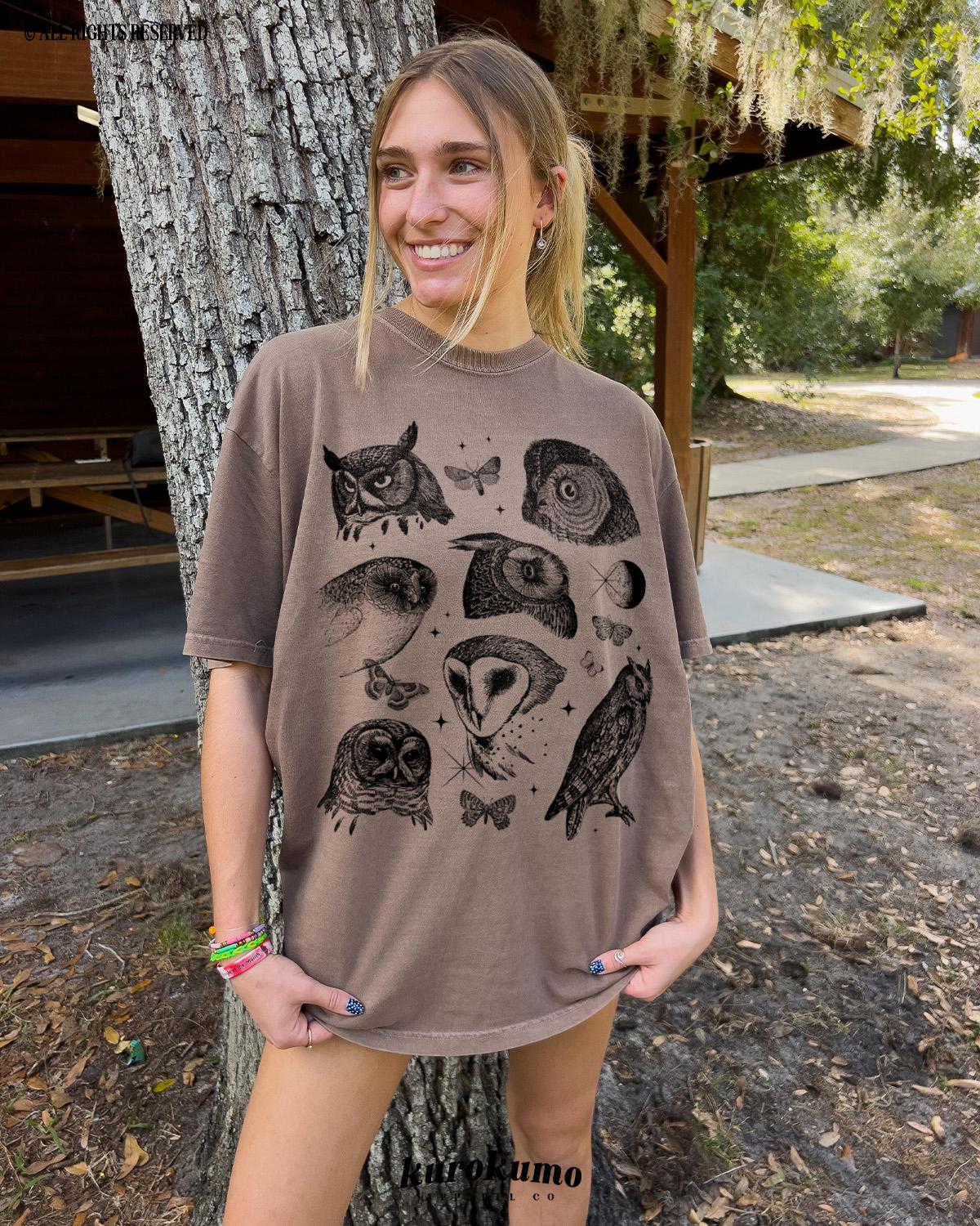 Vintage Owls and Moon Tshirt Bird Nerd Shirt Insect Moth Indie Graphic Tee Owl Lover Gift 90s Wildli