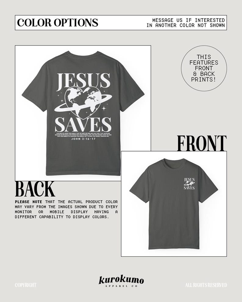 K&ouml;nnte beinhalten: Ein anthrazitfarbenes T-Shirt mit einem wei&szlig;en Grafikdruck auf Vorder- und R&uuml;ckseite. Der Druck auf der Vorderseite lautet "Jesus Saves" mit einem Herzen und einem Globus. Der Druck auf der R&uuml;ckseite lautet "Jesus Saves" mit einem Herzen und einem Globus sowie dem Text "Johannes 3:16-17".