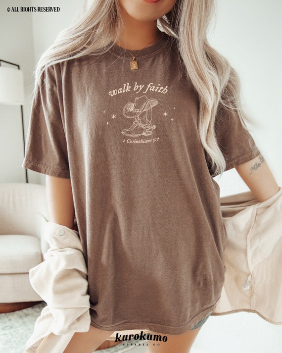 Walk By Faith Bible Verse T Shirt Western Faith Based Clothing Minimalist Christian Shirts Vintage Cowboy Boots Graphic Tee Cute Church Tees