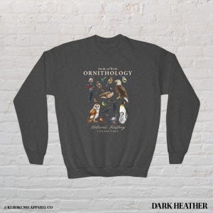 May include: Dark heather gray sweatshirt featuring a detailed illustration of various birds. The design includes an owl, eagle, and penguin, with the text "Study of Birds ORNITHOLOGY Natural History Collection."