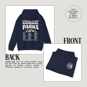 May include: Navy blue hoodie with the text "PROTECT OUR NATIONAL PARKS" on the back, featuring a mountain graphic and a list of parks. The front displays a smaller logo. The design includes front and back prints.