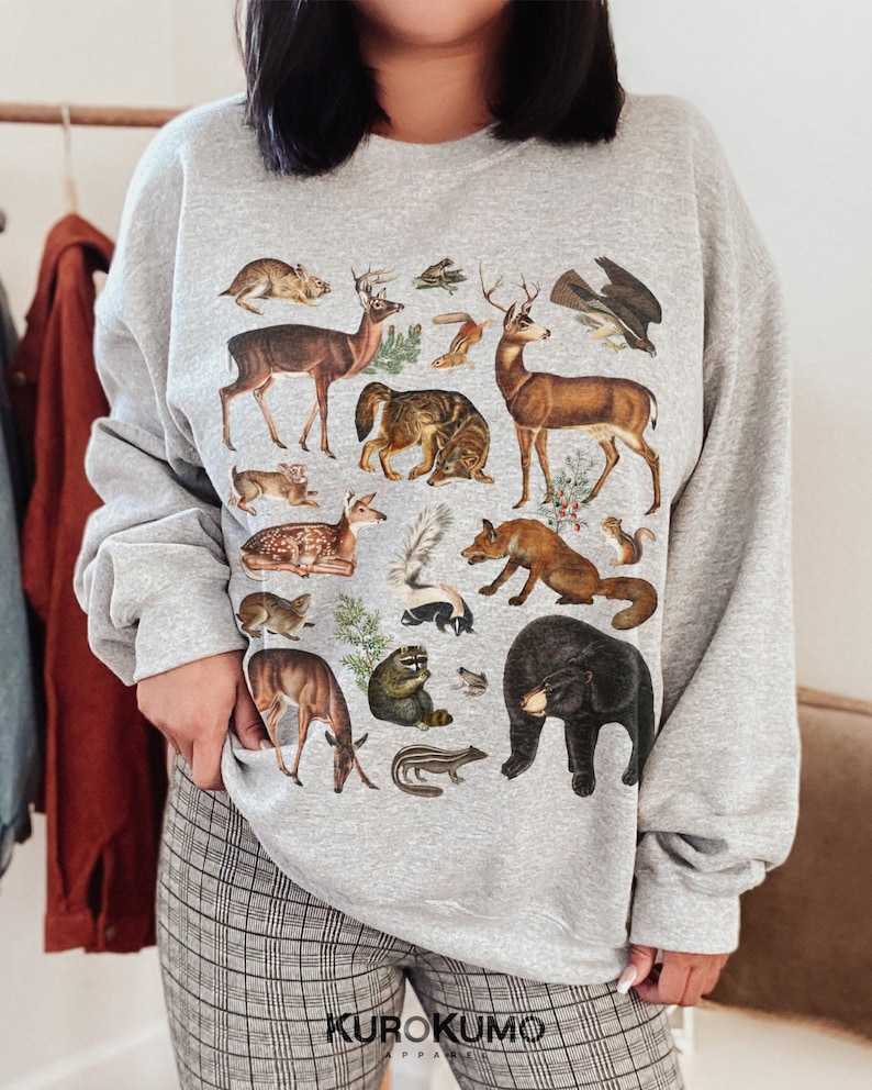 Woodland Animals Crewneck National Forest Mountain Sweater Fall Sweatshirt Environment Crew Neck Sweatshirt Environmental Vintage Sweater Sport Grey