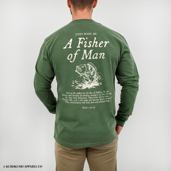 Mark 1:17 Bible Verse Long Sleeve Tee Vintage Fishers of Men Scripture Shirt Christian Husband Faith Based Clothing Men's Fishing Clothes