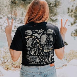 Protect the Local Wildlife Conservation Tshirt Forest Animals Shirt Granola Girl Camping Clothes Forestcore Graphic Tee Vintage Style Shirts Black