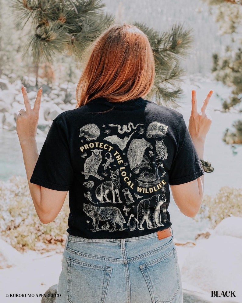 Protect the Local Wildlife Conservation Tshirt Forest Animals Shirt Granola Girl Camping Clothes Forestcore Graphic Tee Vintage Style Shirts Black