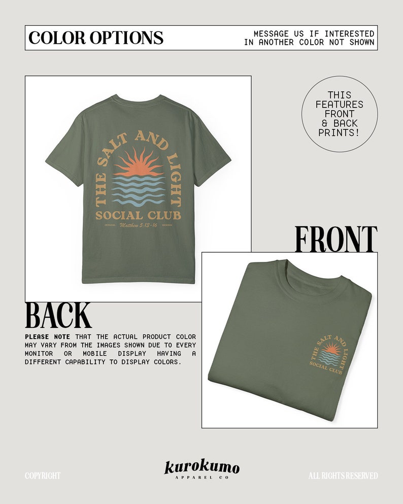 May include: A green t-shirt with a graphic print on the back that says "The Salt and Light Social Club" with a sunset and waves design. The front of the shirt has a smaller version of the same graphic print.