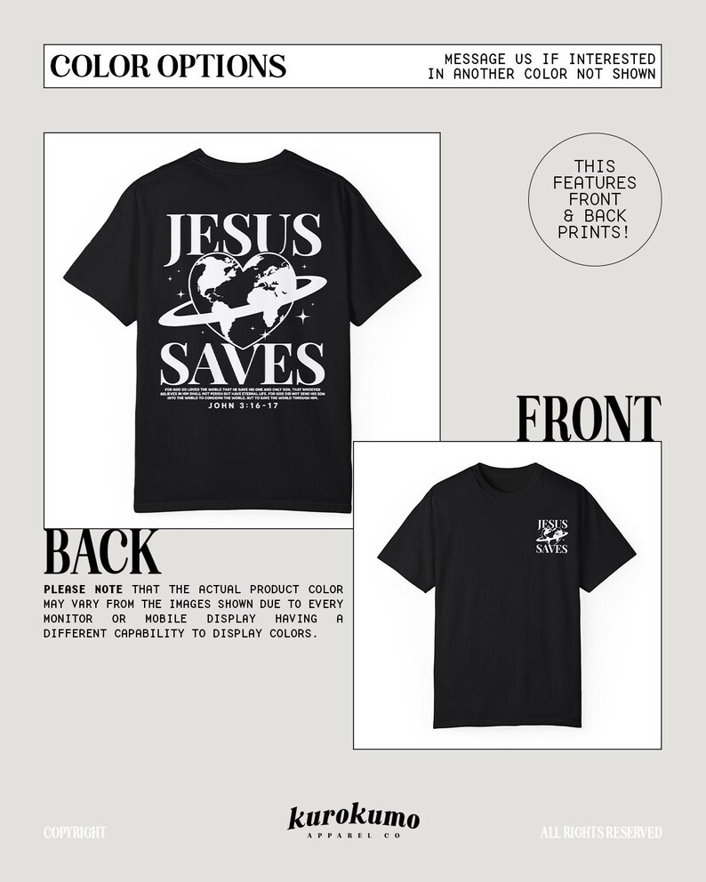 K&ouml;nnte beinhalten: Schwarzes T-Shirt mit einem wei&szlig;en Grafikdruck eines Herzens mit einem Globus darin und den Worten "Jesus Saves" und "John 3:16-17". Die R&uuml;ckseite des Shirts hat eine &auml;hnliche Grafik mit den Worten "Jesus Saves".