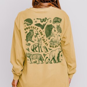 Protect the Local Wildlife Long Sleeve Tshirt Forest Animals Shirt Granola Girl Camping Clothes Forestcore Graphic Tee Vintage Style Shirts Mustard