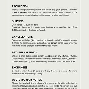 May include: Shop policies for KUROKUMO APPAREL CO. outlining production, shipping, cancellations, returns, refunds, exchanges, custom order notice, and additional information. The text includes details about processing times, shipping destinations, and return policies.