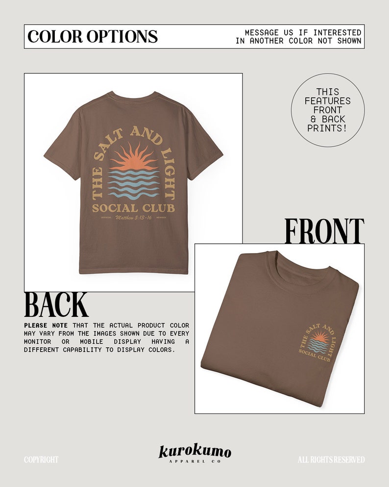 May include: A brown t-shirt with a graphic print on the back that says "The Salt and Light Social Club" with a sun and waves design. The front of the shirt has a smaller version of the same graphic print.