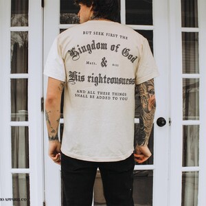 Seek First the Kingdom of God Bible Verse Tshirt Matthew 6:33 Gospel Shirt Jesus is King Christian T Shirt Vintage Style Church Clothes Ivory