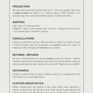 May include: Shop policies for KUROKUMO APPAREL CO. outlining production, shipping, cancellations, returns, refunds, exchanges, custom order notice, and additional information. The text includes details about processing times, shipping destinations, and return policies.