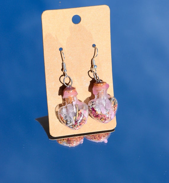Self-Love Spell Jar Earrings, Rose Quartz, Wicca Witchcraft