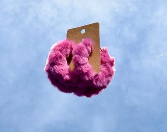 Pink Fuzzy Hoop Earrings, Stainless Steel Hooks