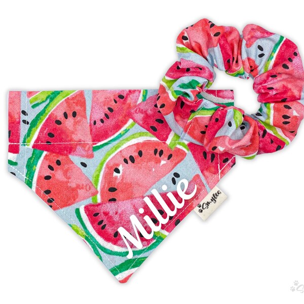 Personalized Watermelon Dog Bandana with Optional Matching Scrunchie, Over the Collar, Spring, Summer, Food, Fruit