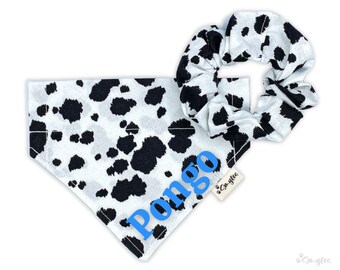 Personalized Animal Print Dog Bandana with Optional Matching Scrunchie, Over the Collar, Dalmatian Print, Cow Print