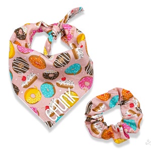 Personalized Donuts on Pink Dog Bandana with Optional Matching Scrunchie, Tie On Bandana, Spring, Summer, Food