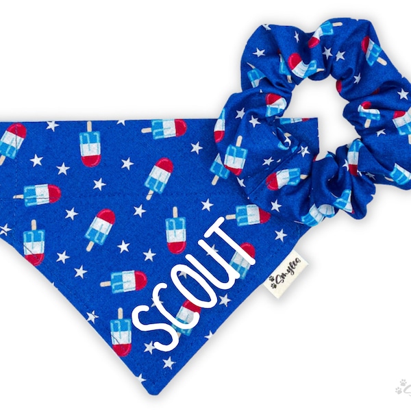 Personalized Dog Bandana w/ Optional Matching Scrunchie || Over the Collar Dog Bandana || Patriotic Popsicles || 4th of July || Memorial Day