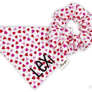 Personalized Dog Bandana with Optional Matching Scrunchie || Over the Collar Dog Bandana || Mini Hearts and Glitter Dots || Valentine's Day