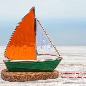 Stained glass sailboat on the wooden stand Sailboat suncatcher Yacht suncatcher Father's day gift Home decoration .