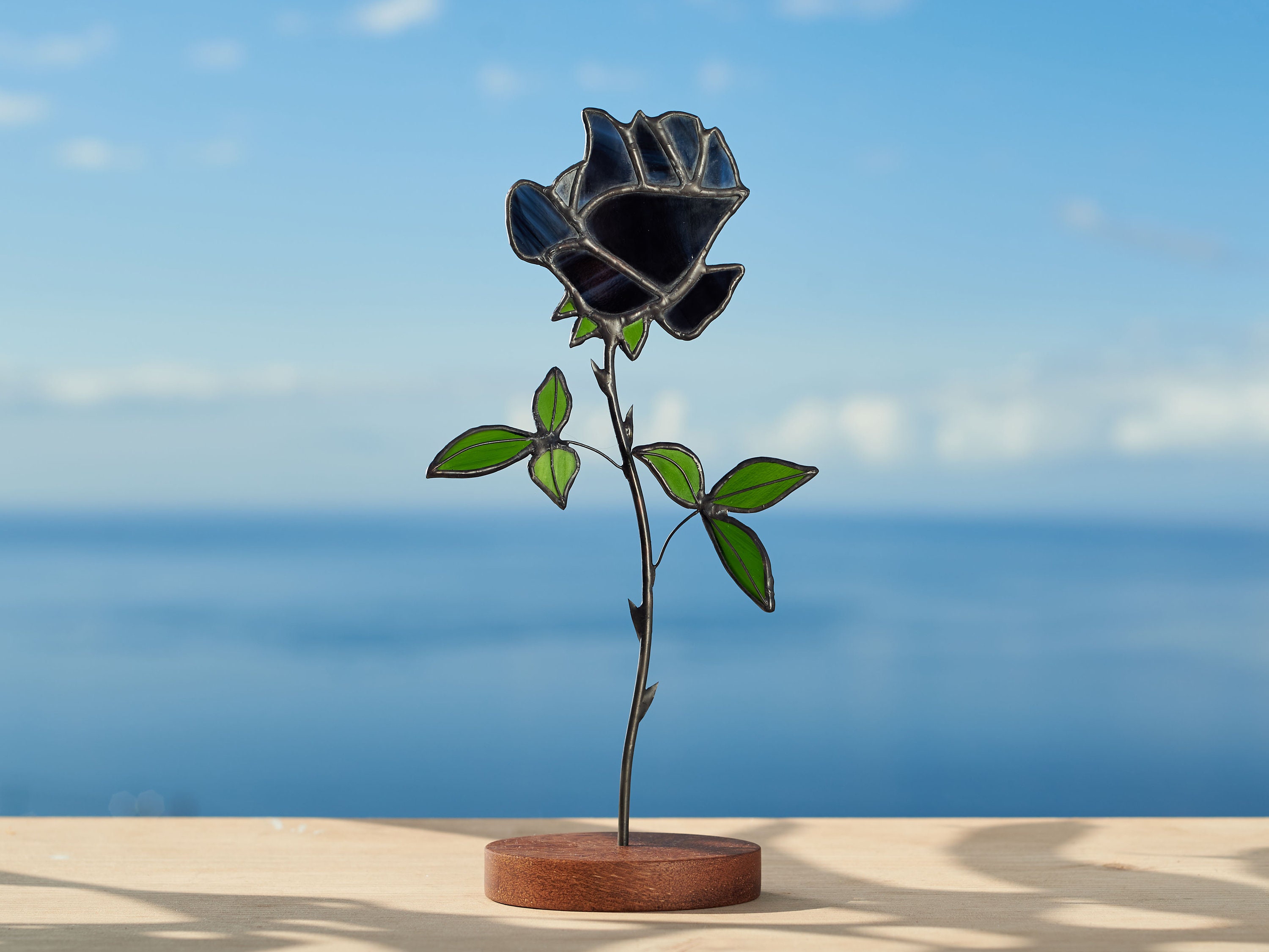 Stained Glass Black Rose on the Wooden Stand Stained Glass Suncatcher ...
