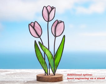 Stained glass Pink tulips on the wooden stand Stained glass  suncatcher Flower decoration.