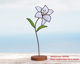 Stained glass White Lily on the wooden stand Stained glass  suncatcher Flower decoration Personalized gift