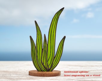 Stained Glass Succulent Sansevieria on the wooden stand Stained Glass Sun Catcher Glass Snake Plant Hand Painted Stained Glass