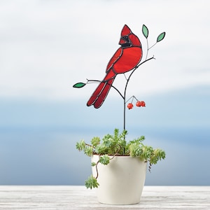 Stained glass cardinal with handmade beads on the stick  Memorial gift Porch decoration Stained glass bird Bird suncatcher.