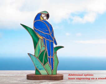 Stained glass  parrot on the wooden stand Macaw parrot Garden ornament Bird suncatcher Home  decoration Father’s Day gift.