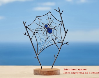 Halloween spider on  the wooden stand  Spider web window decoration Halloween suncatcher Gothic window Halloween stained glass.