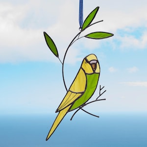 Stained glass Yellow Green budgie parrot on the branch Stained glass parakeet Stained glass garden decoration Bird suncatcher Porch hanging.