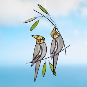 Stained glass  pair of Cockatiel birds on the branch  Stained glass garden decoration    Stained glass budgie parrot