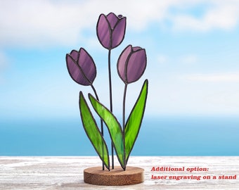 Stained glass Purple tulips on the wooden stand Stained glass  suncatcher Flower decoration.