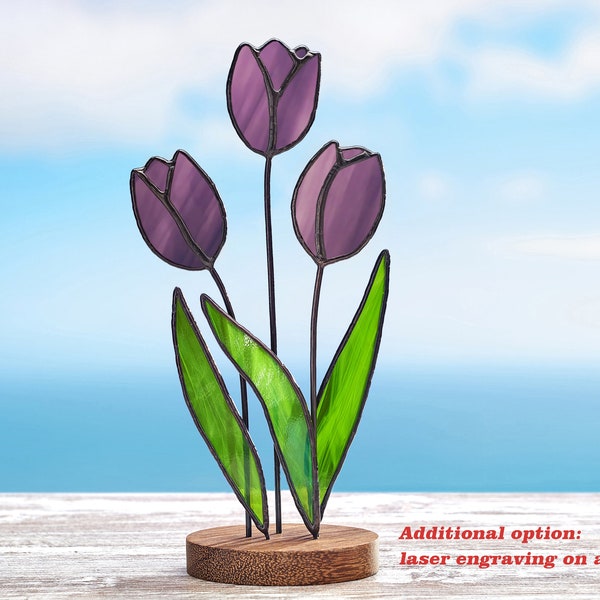 Purple Tulips Stained Glass Figurine on Wooden Stand, Handmade Tabletop Flower Decor for Home, 9.3 Inch
