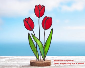 Stained glass Red tulips on the wooden stand Stained glass  suncatcher Flower decoration.