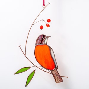 Stained Glass American Robin Suncatcher with Handmade Beads, Window Hanging