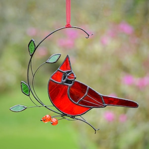 Stained glass cardinal with handmade beads on the branch   Stained glass bird  Porch decoration Bird suncatcher .