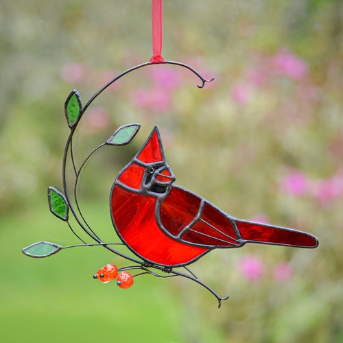 Suncatcher Stained Glass Art Window Hangings Cardinal Bird Etsy