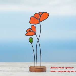 California  Poppies Stained Glass Suncatcher, Orange Flower Handmade Tabletop Flower Decor, 6 Inch