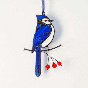 Stained glass blue jay with handmade beads on the branch  Stained glass bird  Garden decor   Bird suncatcher Porch hanging.