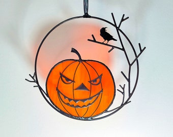 Stained glass pumpkin with raven Halloween suncatcher Window hanging Halloween decoration Gothic window.