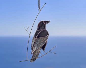 Stained glass raven on the branch Crow stained glass suncatcher Window hanging Halloween decoration Bird suncatcher Gothic window.