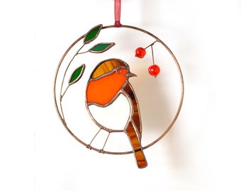 Stained glass robin with handmade beads in the ring Bird suncatcher  Window hangings  Christmas robin Porch hanging Mother's day gift.