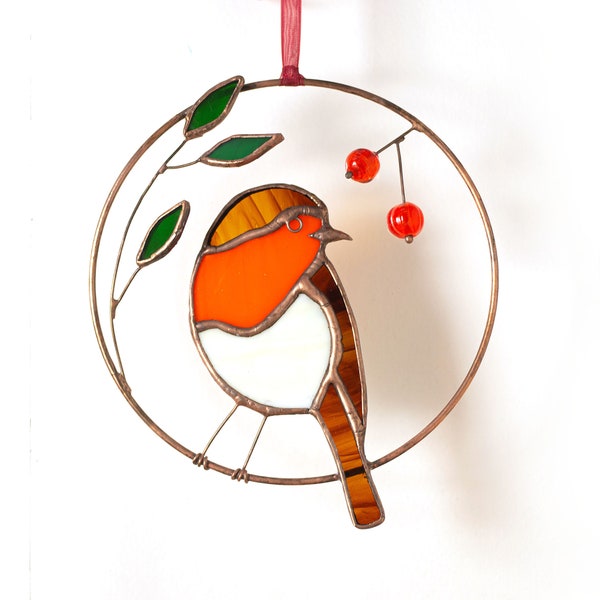 Stained glass robin with handmade beads in the ring Bird suncatcher  Window hangings  Christmas robin Porch hanging Mother's day gift.