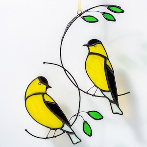 Stained glass goldfinch on the branch Bird suncatcher Stained glass window hangings Garden decoration.